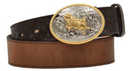 Children's brown leather belt with floral embossed ends and a bullrider buckle.