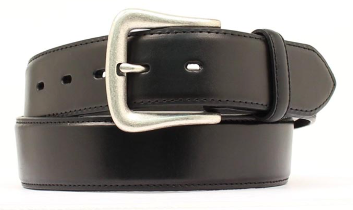 A basic black leather belt with an interchangeable silver tone buckle.