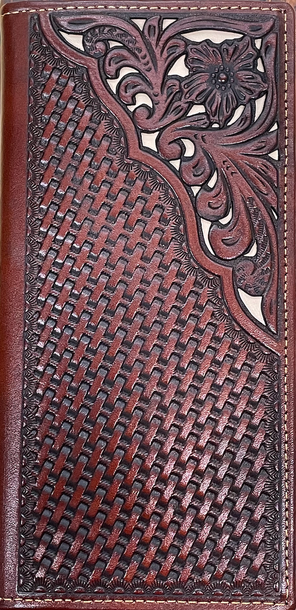 Top Notch Accessories 60205BR Brown Basketweave/Floral Design Corner w/Beige Inlay Tall Wallet