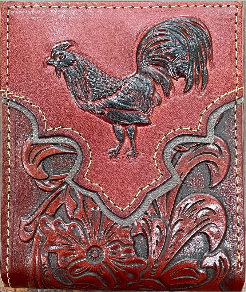 Top Notch Accessories 9003-2BR Brown Rooster w/Dark Brown Border & Floral Embossed Bi-Fold Wallet
