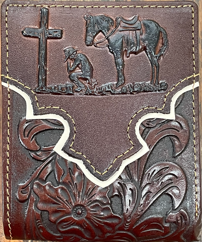Top Notch Accessories 9001-1CF Coffee Praying Cowboy w/Beige Border & Floral Embossed Bi-Fold Wallet