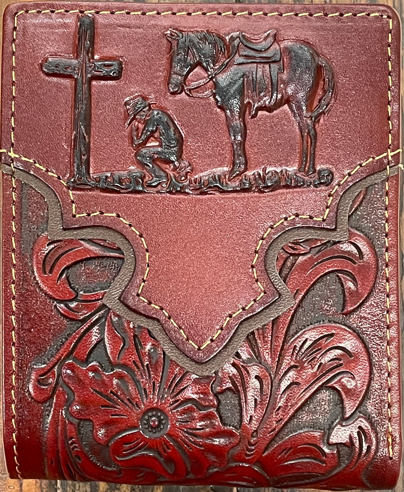 Top Notch Accessories 9001-2BR Brown Praying Cowboy w/Dark Brown Border & Floral Embossed Bi-Fold Wallet