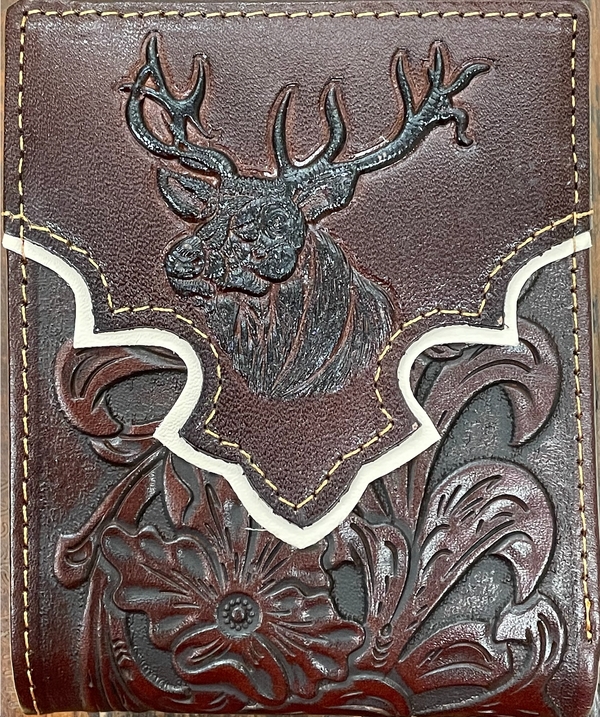 Top Notch Accessories 9004-1CF Coffee Deer w/Beige Border & Floral Embossed Bi-Fold Wallet