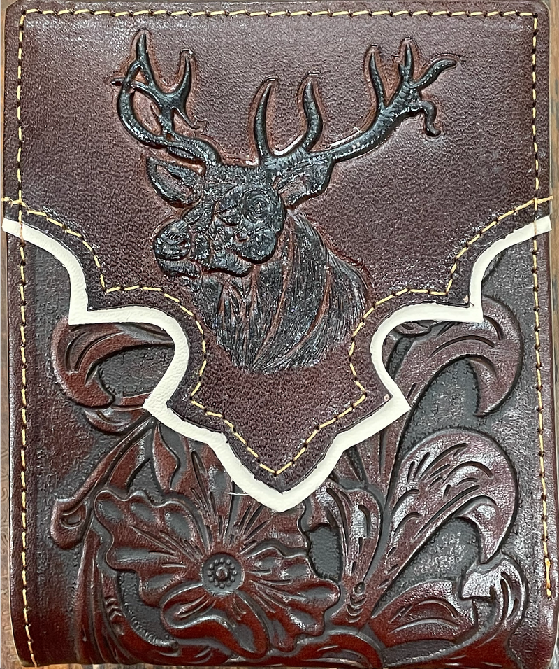 Top Notch Accessories 9004-1CF Coffee Deer w/Beige Border & Floral Embossed Bi-Fold Wallet