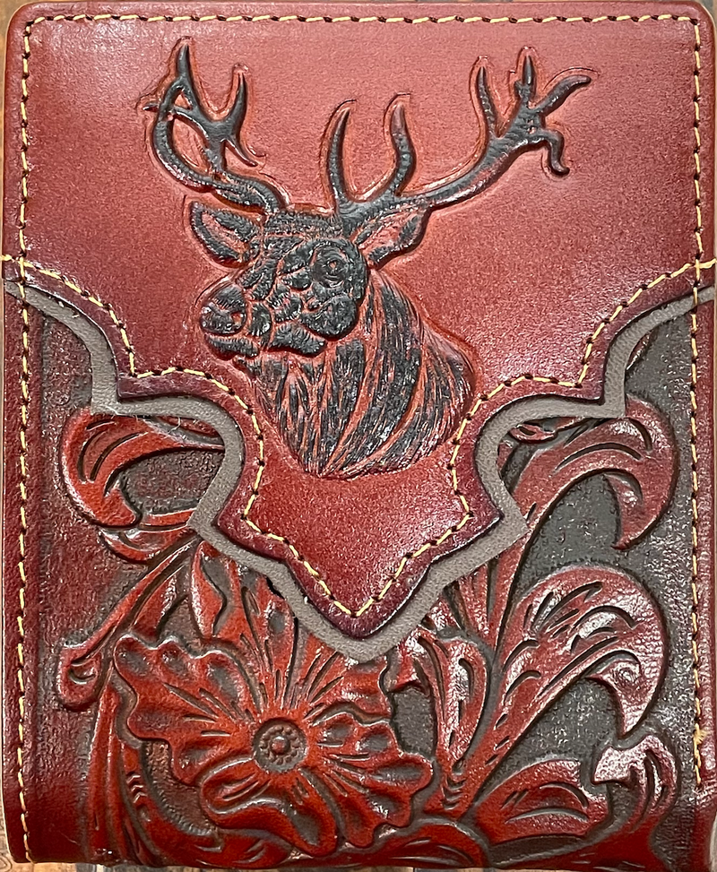 Top Notch Accessories 9004-2BR Brown Deer w/Dark Brown Border & Floral Embossed Bi-Fold Wallet