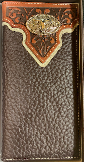 Top Notch Accessories HF101CF Coffee Floral Embossed w/Longhorn Concho Wallet