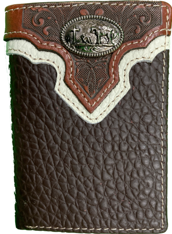 Top Notch Accessories HF108CF Coffee Pebbled Leather w/Praying Cowboy Concho Tri-Fold Wallet