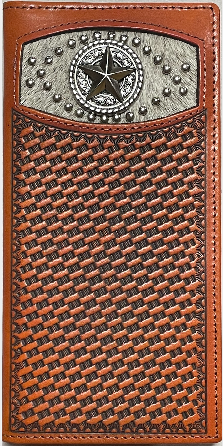 Brown basketweave leather tall wallet with a Star Concho on a cowhide inlay. 