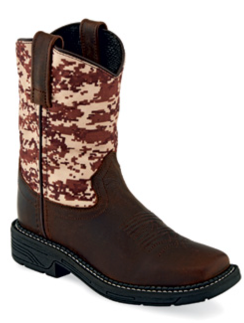 Children's Old West WB1006 Brown/Camo Top Wide Square Toe Boot