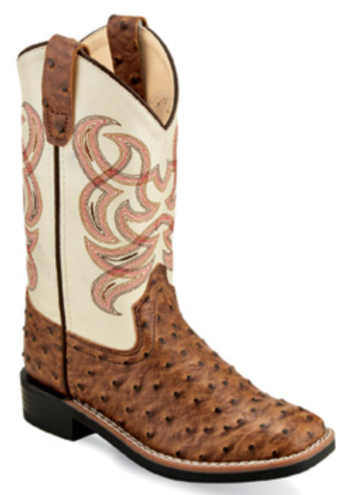 Children's Old West VB9174 Brown Full Quill Ostrich Print/White Top Wide Square Toe Boot