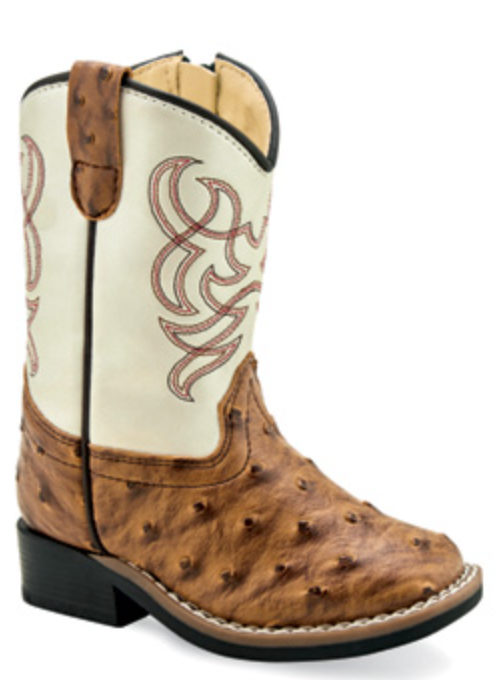 Infant Old West VB1074 Brown Full Quill Ostrich Print/White Top Wide Square Toe Boot