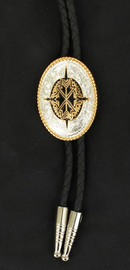 Stylish silver tone oval bolo with black accents. Black leatherette bolo cord with silver tone tips.