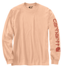 Mens pale apricot long-sleeve graphic logo t-shirt with rib-knit crewneck and cuffs, featuring the Carhartt signature logo printed on the left sleeve.