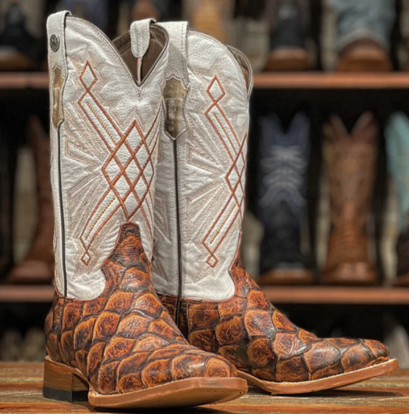 Women's Tanner Mark TML207073 Cognac Monster Fish Print w/Montana Ice Top Wide Square Toe Boot (SHOP IN-STORE)