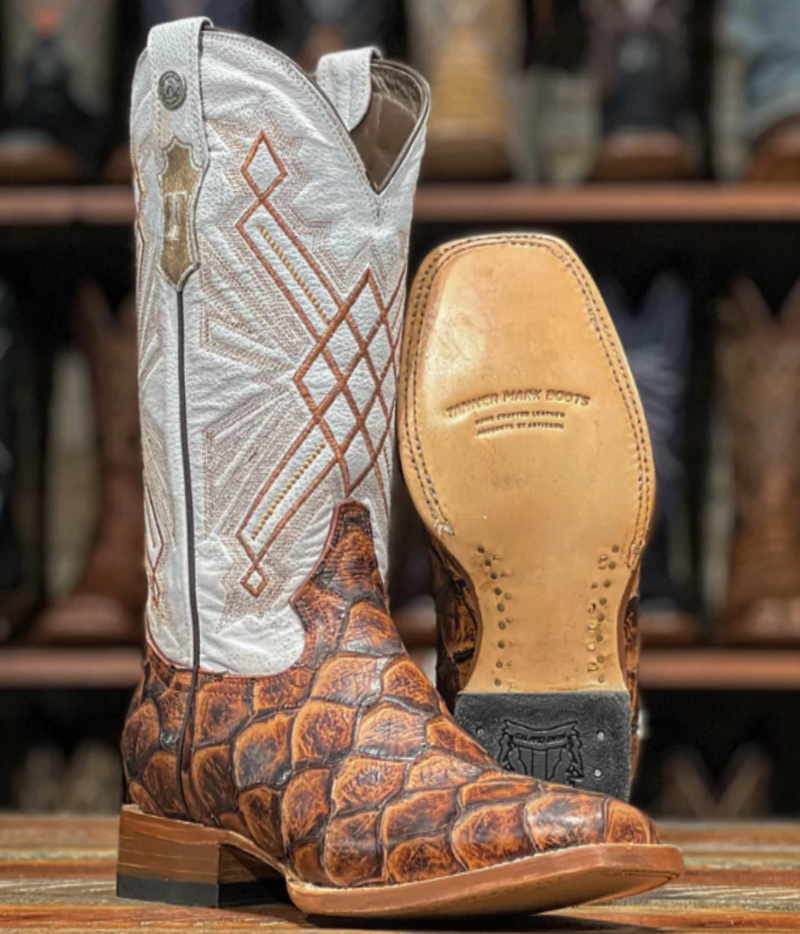 Women's Tanner Mark TML207073 Cognac Monster Fish Print w/Montana Ice Top Wide Square Toe Boot (SHOP IN-STORE)