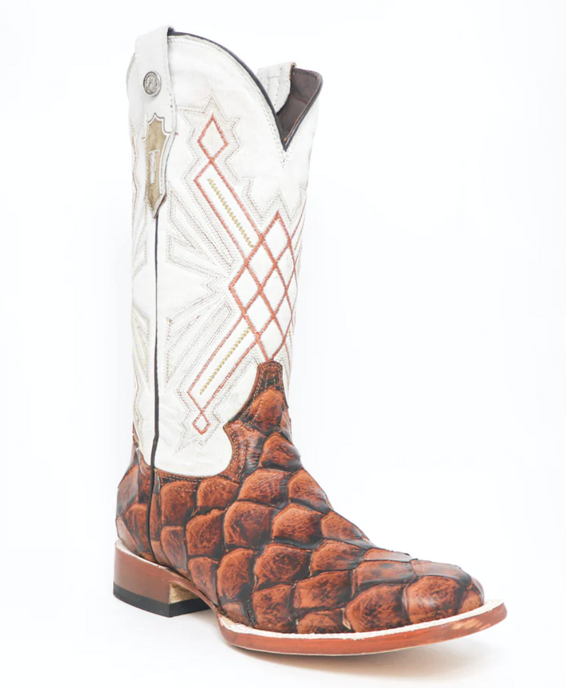 Women's Tanner Mark TML207073 Cognac Monster Fish Print w/Montana Ice Top Wide Square Toe Boot (SHOP IN-STORE)