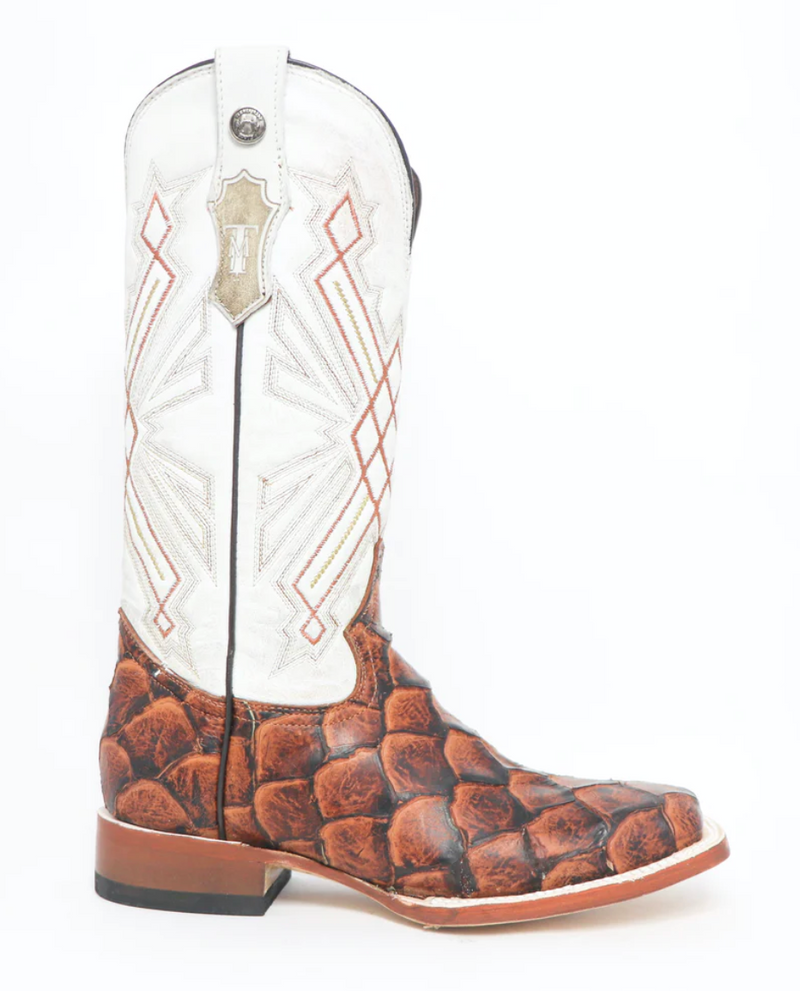 Women's Tanner Mark TML207073 Cognac Monster Fish Print w/Montana Ice Top Wide Square Toe Boot (SHOP IN-STORE)