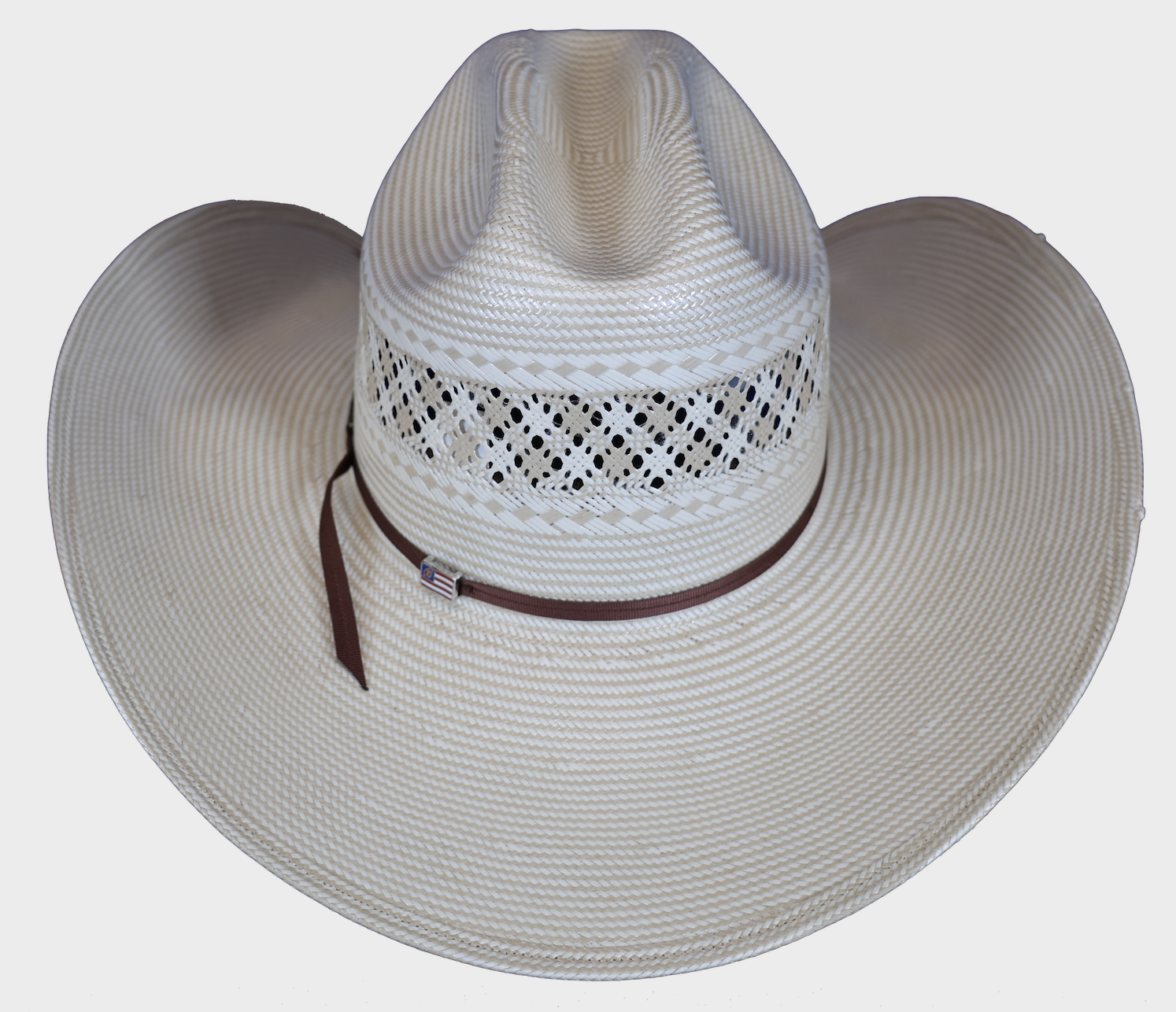 American Hat Company straw hat with rancher crease shape. Rear View