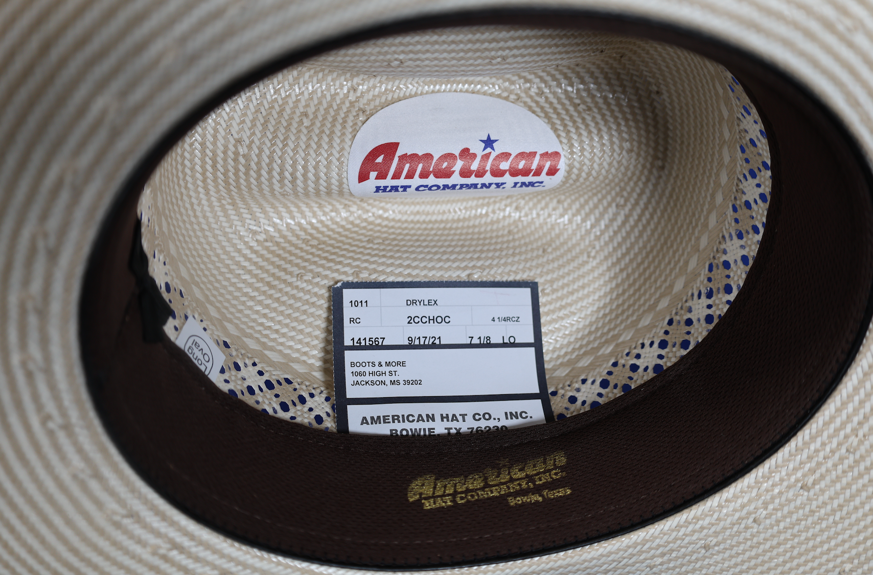 American Hat Company straw hat with rancher crease shape. Inside view