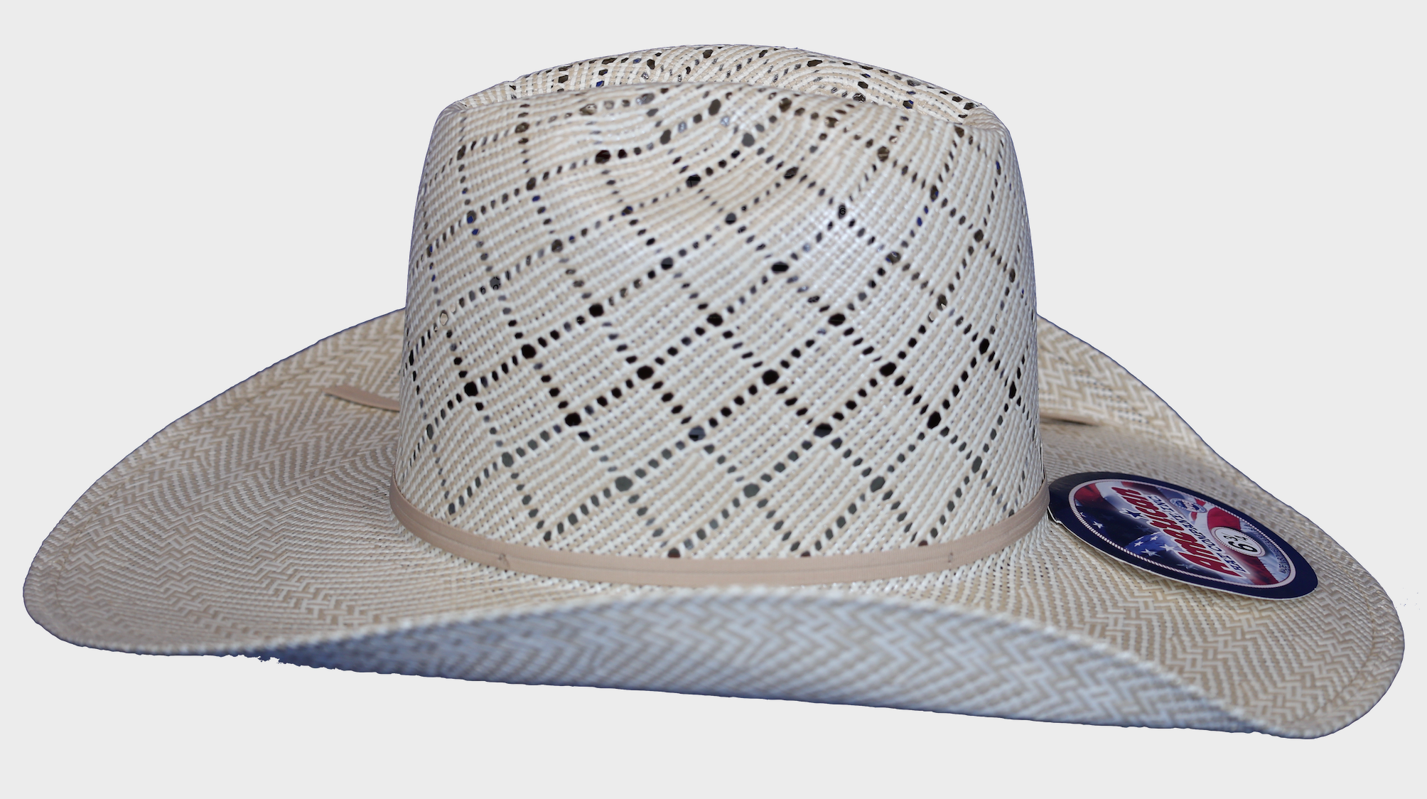 Side view straw hat Minnock crown shape. 