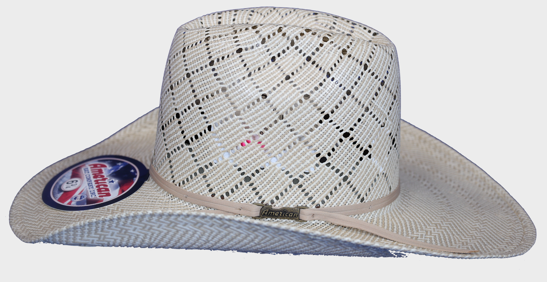 Side view of American Hat Company straw hat with Minnock crown shape. 