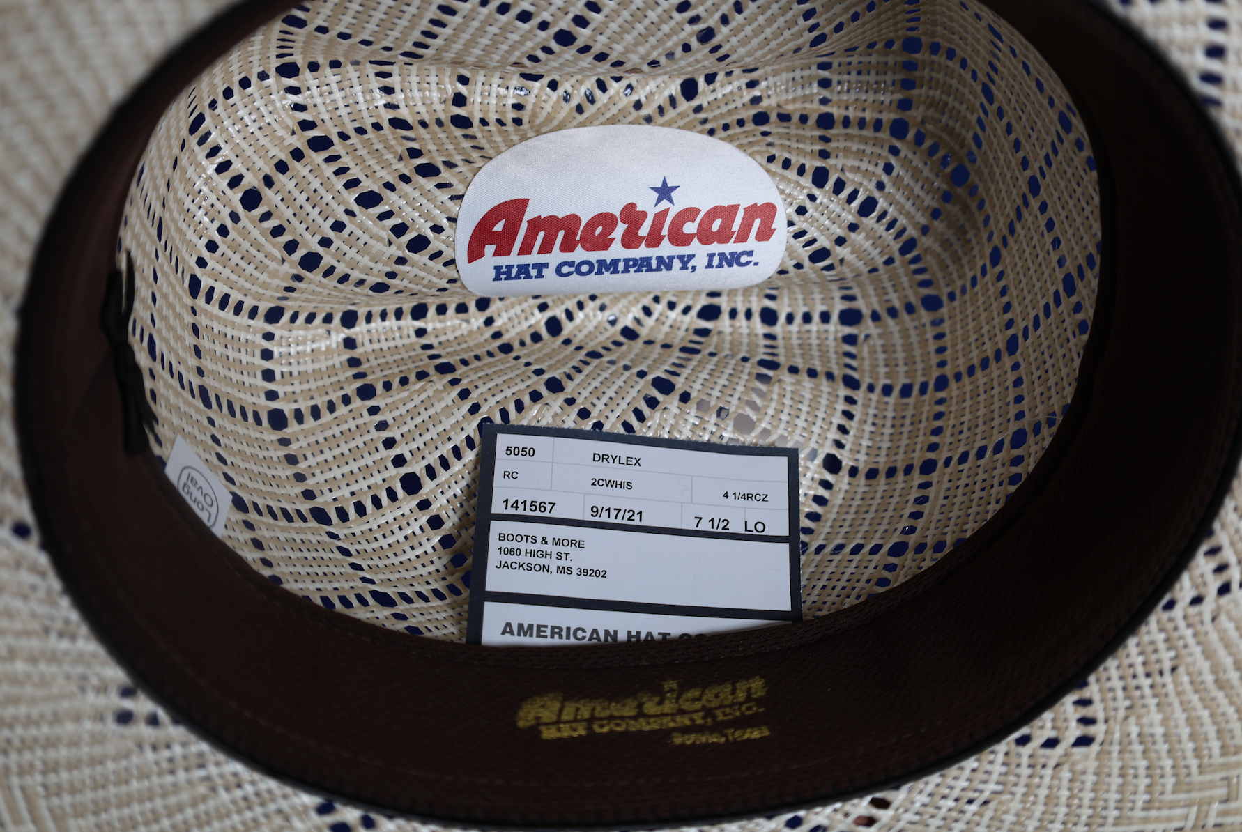 Inside view of American Hat Company straw cowboy hat. 