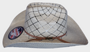 Side view American Hat Company straw cowboy hat featuring hat band and logo.