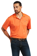 Men's Ariat short sleeve polo in Koi. Front view showing shirt tucked in. 