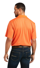 Men's Ariat short sleeve polo in Koi. Rear view showing shirt tucked in. 