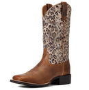 Women's Ariat square toe western boot with Pearl Brown vamp and Metallic Leopard shaft. 
