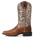 Women's Ariat square toe western boot with Pearl Brown vamp and Metallic Leopard shaft. Side view showing walking heel, side piping, and Ariat logo on outside counter. 