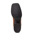 Women's Ariat square toe western boot with Pearl Brown vamp and Metallic Leopard shaft. Bottom view showing outsole. 