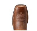 Women's Ariat square toe western boot with Pearl Brown vamp and Metallic Leopard shaft. Close up of square toe showing toe bug and wrinkle, also showing two row stitching on outsole. 