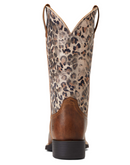 Women's Ariat square toe western boot with Pearl Brown vamp and Metallic Leopard shaft. Rear view