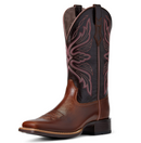 Women's Ariat Edgewood Western square toe boot in Dark Luggage with a Bitter Chocolate shaft. Side view of boot showing stitch pattern details on shaft and side piping details. 