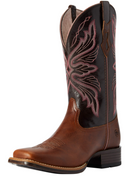 Women's Ariat Edgewood Western square toe boot in Dark Luggage with a Bitter Chocolate shaft. Side view showing walking heel and Ariat logo on outside counter. 