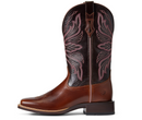 Women's Ariat Edgewood Western square toe boot in Dark Luggage with a Bitter Chocolate shaft. Outside view showing shaft details, pull strap details, and Ariat logo on outside counter. 
