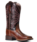 Women's Ariat Edgewood Western square toe boot in Dark Luggage with a Bitter Chocolate shaft. Inside view showing details on pull straps. 