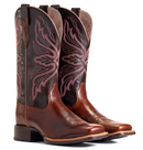 Women's Ariat Edgewood Western square toe boot in Dark Luggage with a Bitter Chocolate shaft. Both boots showing square toe and walking heel. 