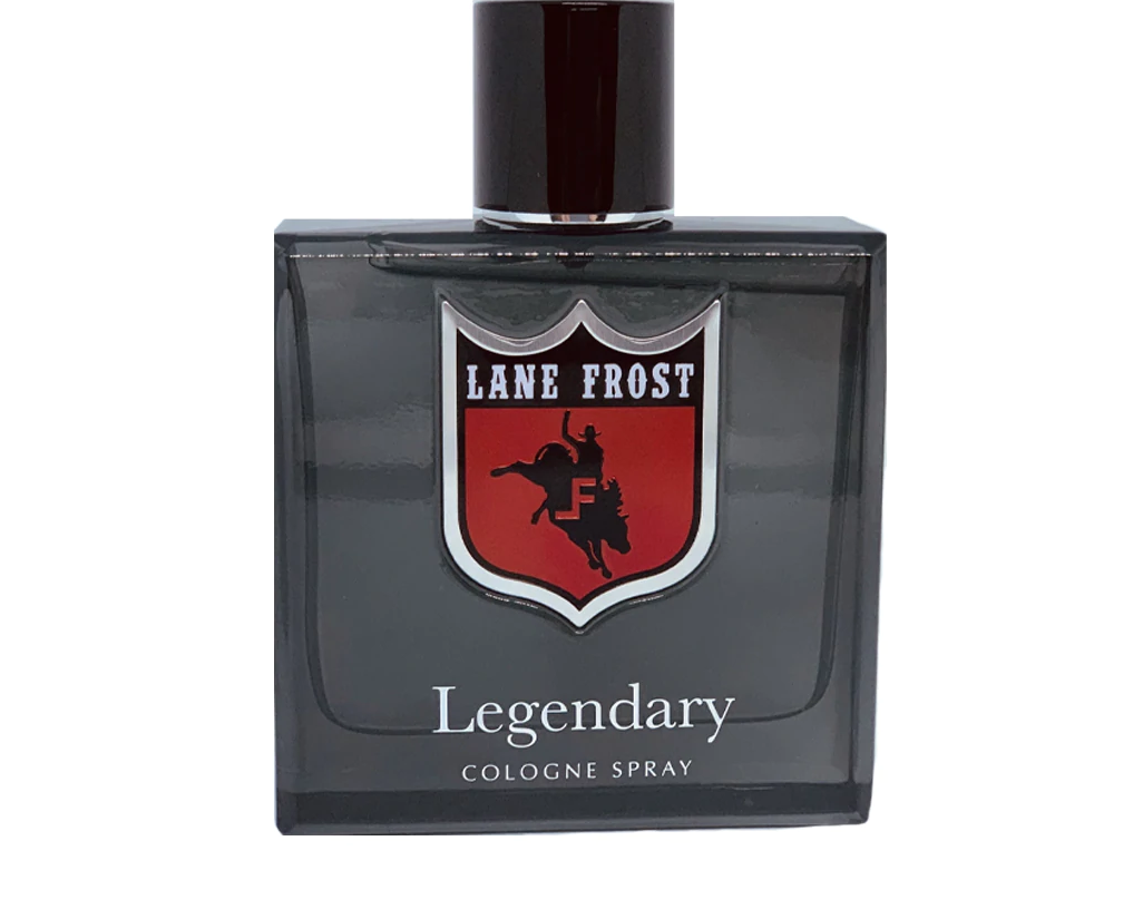 A bottle of Lane Frost Legendary Cologne with a label featuring a red and white emblem and the word 'Legendary'.