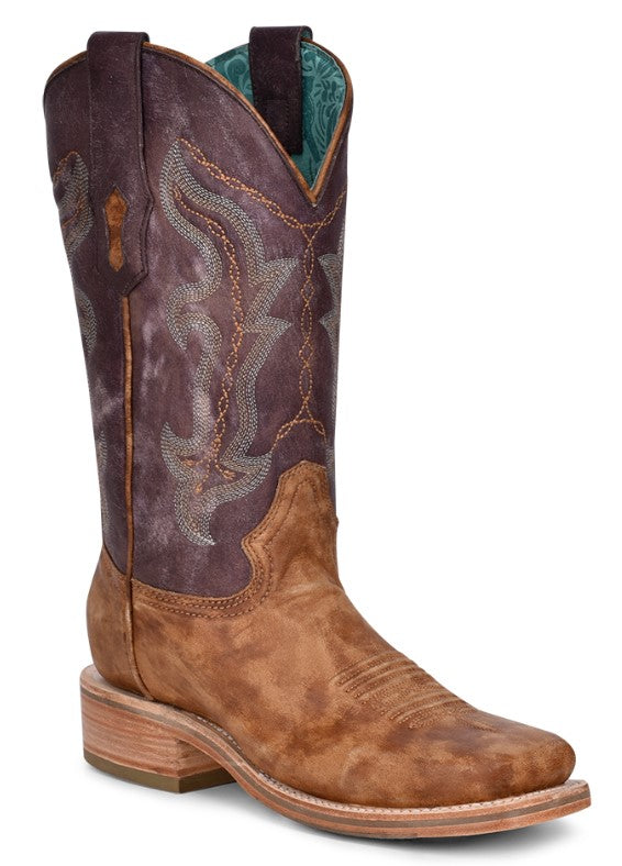 Women's Corral Rodeo Collection A4252 12" Sand/Purple Embroidery Wide Square Toe Boot (SHOP IN-STORES TOO)