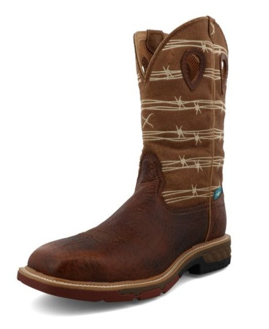 A profile view of a 12-inch brown and tan Twisted X work boot with a square toe and alloy safety toe, featuring a barbed wire pattern on the shaft.