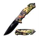 Spring Assisted Knife with a camouflage pattern on the handle and a black blade. Front and Back View