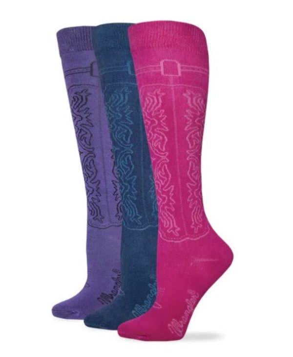 Three over the calf boot socks in purple, blue, and pink, with a cowgirl boot pattern. Wrangler logo on foot. 