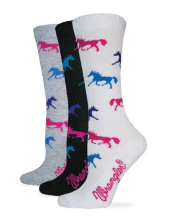 Wrangler ladies' crew socks in Black, Grey, and White, each featuring a colorful horse pattern.