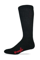 A black Wrangler men's boot sock with non-binding top and smooth toe seam, displaying the Wrangler logo on the foot.
