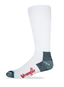 A white Wrangler men's boot sock with non-binding top and smooth toe seam, displaying the Wrangler logo on the foot.