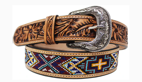 Challenger Horsewear Western Two-Tone Floral Tooled Beaded Full Grain Leather Belt 26FK29