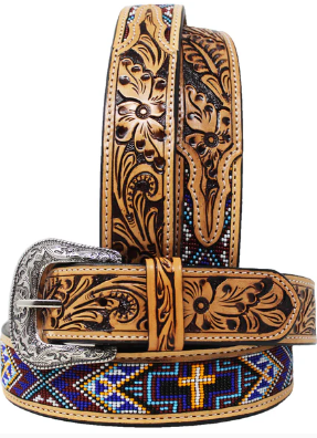 Children's leather belt with tooled patterns and a beaded design featuring a cross in multiple colors featuring a silver buckle. Showing front and back of belt. 