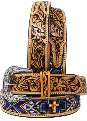 Children's Challenger Horsewear Western Floral Tooled Beaded Leather Belt 26FK29C
